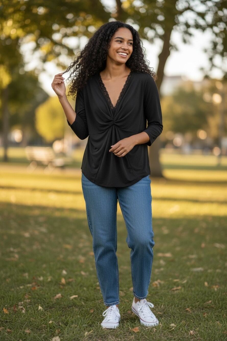 Versa Villes Black Draped Front Top 3/4 Sleeve Soft Stretch Blouse Woman 1X